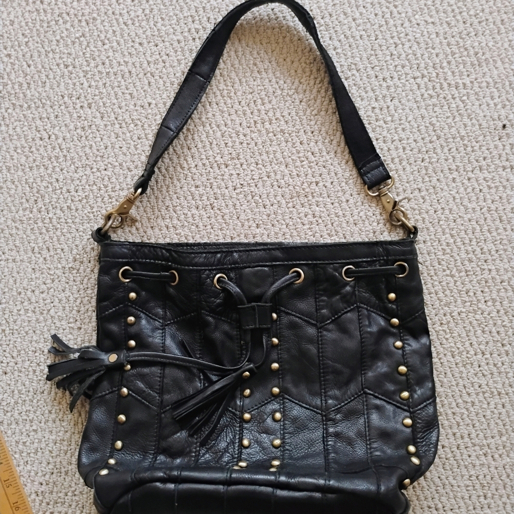 Amerileather Luxury Leather Tassel Studded Bucket Black Bag Moto Hippie Biker - Picture 7 of 12